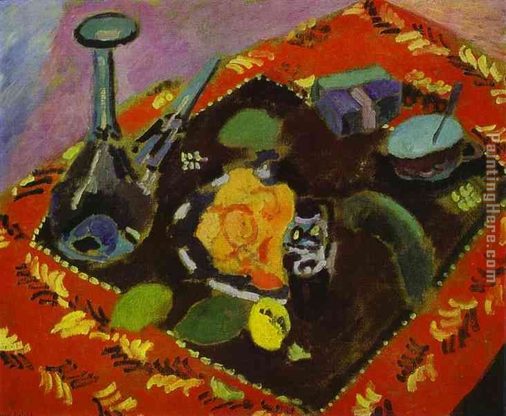 Dishes and Fruit on a Red and Black Carpet painting - Henri Matisse Dishes and Fruit on a Red and Black Carpet art painting